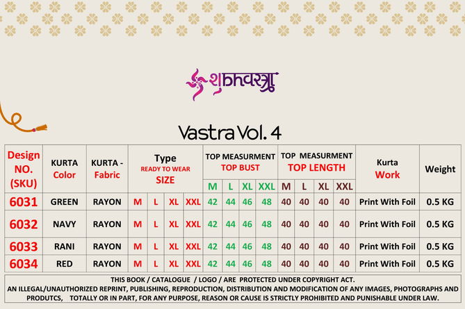 Vastra Vol 4 By Shubhvastra Rayon Printed Foil Kurta Wholesale Online